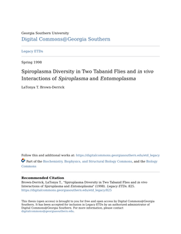 Spiroplasma Diversity in Two Tabanid Flies and in Vivo Interactions of Spiroplasma and Entomoplasma