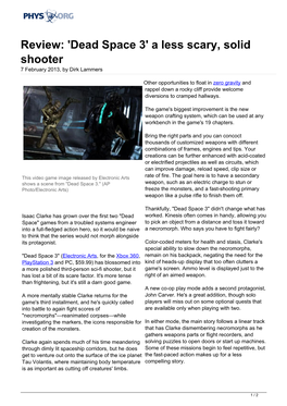 'Dead Space 3' a Less Scary, Solid Shooter 7 February 2013, by Dirk Lammers