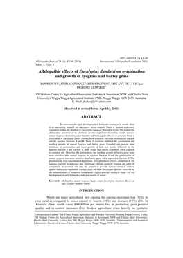 Allelopathic Effects of Eucalyptus Dundasii on Germination and Growth of Ryegrass and Barley Grass