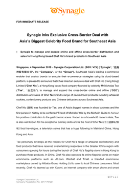 Synagie Inks Exclusive Cross-Border Deal with Asia's Biggest Celebrity