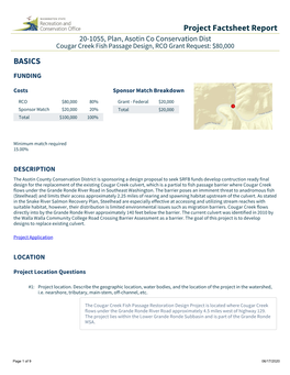 Cougar Creek Fish Passage Design, RCO Grant Request: $80,000 BASICS