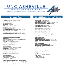 UNC ASHEVILLE 2018 MEN’S SOCCER QUICK FACTS UNC Asheville Athletics Communications • Uncabulldogs.Com • @Ashevilledogs