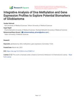 Integrative Analysis of Dna Methylation and Gene Expression Profles to Explore Potential Biomarkers of Glioblastoma