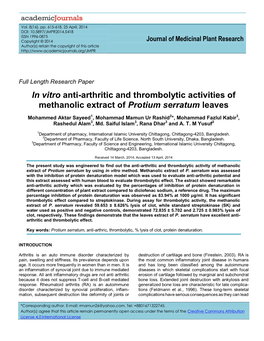 In Vitro Anti-Arthritic and Thrombolytic Activities of Methanolic Extract of Protium Serratum Leaves