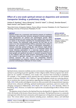 Effect of a One-Week Spiritual Retreat on Dopamine and Serotonin Transporter Binding: a Preliminary Study Andrew B