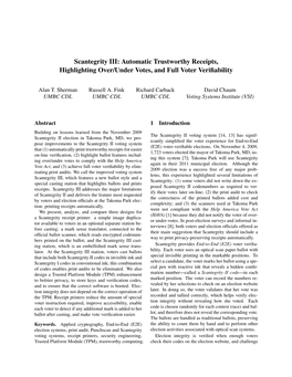 Scantegrity III: Automatic Trustworthy Receipts, Highlighting Over/Under Votes, and Full Voter Veriﬁability