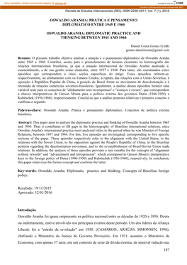 187 Oswaldo Aranha: Prática E Pensamento Diplomático Entre 1945 E 1960 Oswaldo Aranha: Diplomatic Practice and Thinking Betw