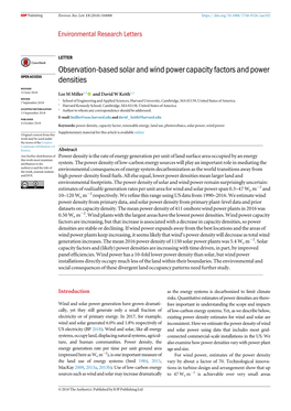 Observation-Based Solar and Wind Power Capacity Factors and Power OPEN ACCESS Densities