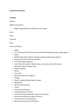 Countries and Colonies the Allies Andorra Belgium and Colonies