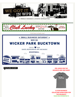 Is Your Business Collecting Donations for the Holidays? Please Send Information to Debbie@Wickerparkbucktown.Com to Be Included in the Newsletter