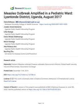 Measles Outbreak Amplified in a Pediatric Ward: Lyantonde District