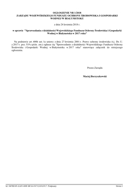 Ogłoszenie Nr 1/2018 Zarządu Wojewódzkiego Funduszu Ochrony Środowiska I Gospodarki Wodnej W Białymstoku