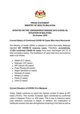 (COVID-19) SITUATION in MALAYSIA 26 October 2020