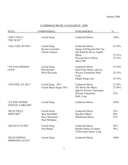 1 January 2004 LUSHMOLE MUSIC CATALOGUE