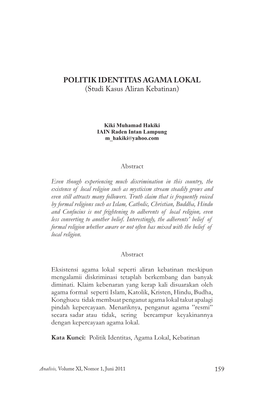 POLITIK IDENTITAS AGAMA LOKAL (Studi Kasus Aliran Kebatinan)