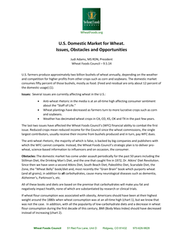 U.S. Domestic Market for Wheat. Issues, Obstacles and Opportunities