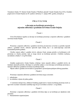 PRAVILNIK O DAVANJU NA KORIŠTENJE PROSTORIJA U MJESNIM ODBORIMA I GRADSKIM ČETVRTIMA GRADA OSIJEKA – Službeni Glasnik