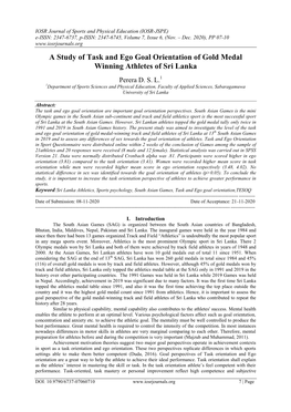 A Study of Task and Ego Goal Orientation of Gold Medal Winning Athletes of Sri Lanka