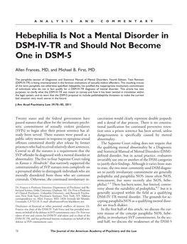 Hebephilia Is Not a Mental Disorder in DSM-IV-TR and Should Not Become One in DSM-5