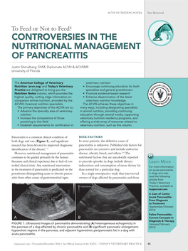CONTROVERSIES in the NUTRITIONAL MANAGEMENT of PANCREATITIS Justin Shmalberg, DVM, Diplomate ACVN & ACVSMR University of Florida