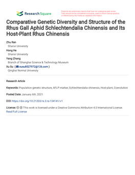 Comparative Genetic Diversity and Structure of the Rhus Gall Aphid Schlechtendalia Chinensis and Its Host-Plant Rhus Chinensis