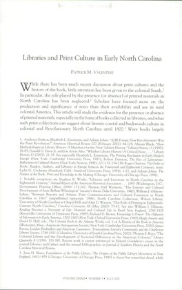 Libraries and Print Culture in Early North Carolina