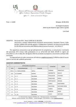 Prot. N. 11694 Bologna, 30.08.2016 Ai Dirigenti Scolastici Delle Scuole Statali Di Ogni Ordine E Grado Loro Sedi OGGETTO