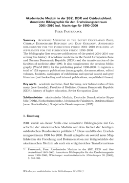 Akademische Medizin in Der SBZ, DDR Und Ostdeutschland. Annotierte Bibliographie Für Den Erscheinungszeitraum 2001–2010 Incl. Nachträge Für 1990–2000