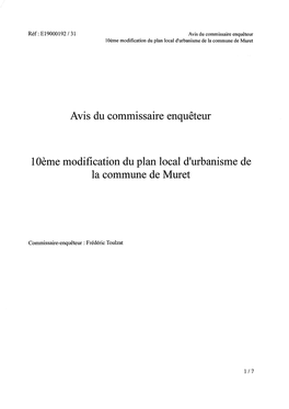 Avis Du Commissaire Enquêteur 10Ème Modification Du Plan Local D'urbanisme De La Commune De Muret