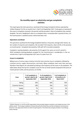 Six Monthly Report on Electricity and Gas Complaints Statistics