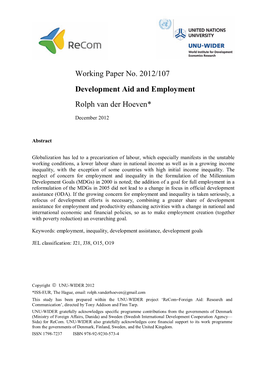 Working Paper No. 2012/107 Development Aid and Employment
