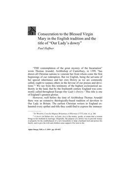Consecration to the Blessed Virgin Mary in the English Tradition and the Title of “Our Lady’S Dowry” Paul Haffner