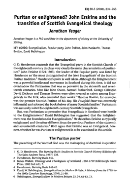 Puritan Or Enlightened? John Erskine and the Transition of Scottish Evangelical Theology Jonathan Yeager