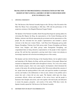 Translation of the Proceedings and Resolutions of the 74Th Session of the National Assembly of Bhutan Held from 28Th June to 19Th July, 1996