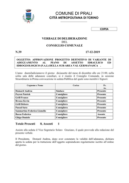 Deliberazione Del Consiglio Comunale Di Prali Del 08.04.2019, N