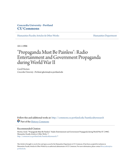 Radio Entertainment and Government Propaganda During World War II Gerd Horten Concordia University - Portland, Ghorten@Cu-Portland.Edu