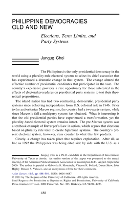 PHILIPPINE DEMOCRACIES OLD and NEW Elections, Term Limits, and Party Systems