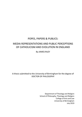 Popes, Papers & Publics: Media Representations and Public Perceptions of Catholicism and Evolution in England