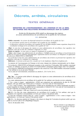 Arrêté Du 26 Décembre 2016 Relatif Au Découpage Des Régions En Zones Administratives De Surveillance De La Qualité De L’Air Ambiant