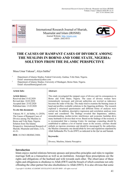 The Causes of Rampant Cases of Divorce Among the Muslims in Borno and Yobe State, Nigeria: Solution from the Islamic Perspective