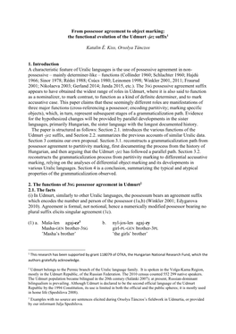 From Possessor Agreement to Object Marking: the Functional Evolution of the Udmurt -Jez Suffix1