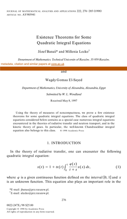 Existence Theorems for Some Quadratic Integral Equations