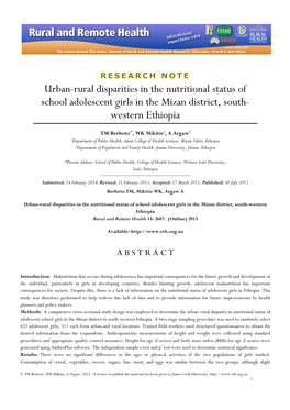 Urban-Rural Disparities in the Nutritional Status of School Adolescent Girls in the Mizan District, South- Western Ethiopia