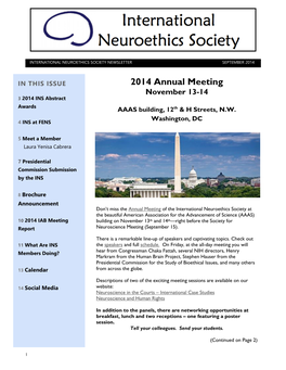 2014 Annual Meeting November 13-14 3 2014 INS Abstract Awards AAAS Building, 12Th & H Streets, N.W