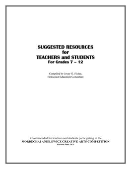 SUGGESTED RESOURCES for TEACHERS and STUDENTS for Grades 7 – 12