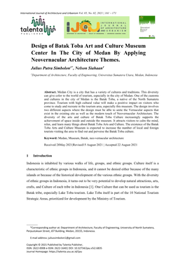 Design of Batak Toba Art and Culture Museum Center in the City of Medan by Applying Neovernacular Architecture Themes