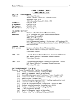 GARY TERENCE GREEN CURRICULUM VITAE CONTACT INFORMATION Address: University of Georgia Warnell School of Forestry and Natural Resources Building 1, Room 301D, 180, E