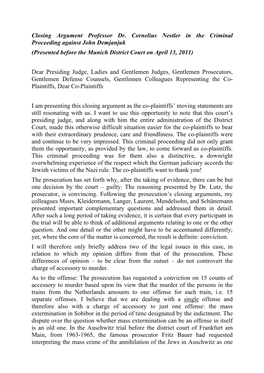 Closing Argument Professor Dr. Cornelius Nestler in the Criminal Proceeding Against John Demjanjuk (Presented Before the Munich District Court on April 13, 2011)