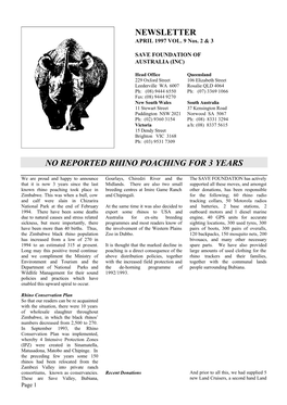 Newsletter No Reported Rhino Poaching for 3 Years