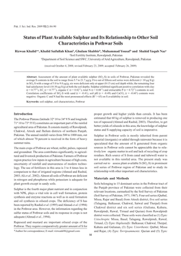 Status of Plant Available Sulphur and Its Relationship to Other Soil Characteristics in Pothwar Soils